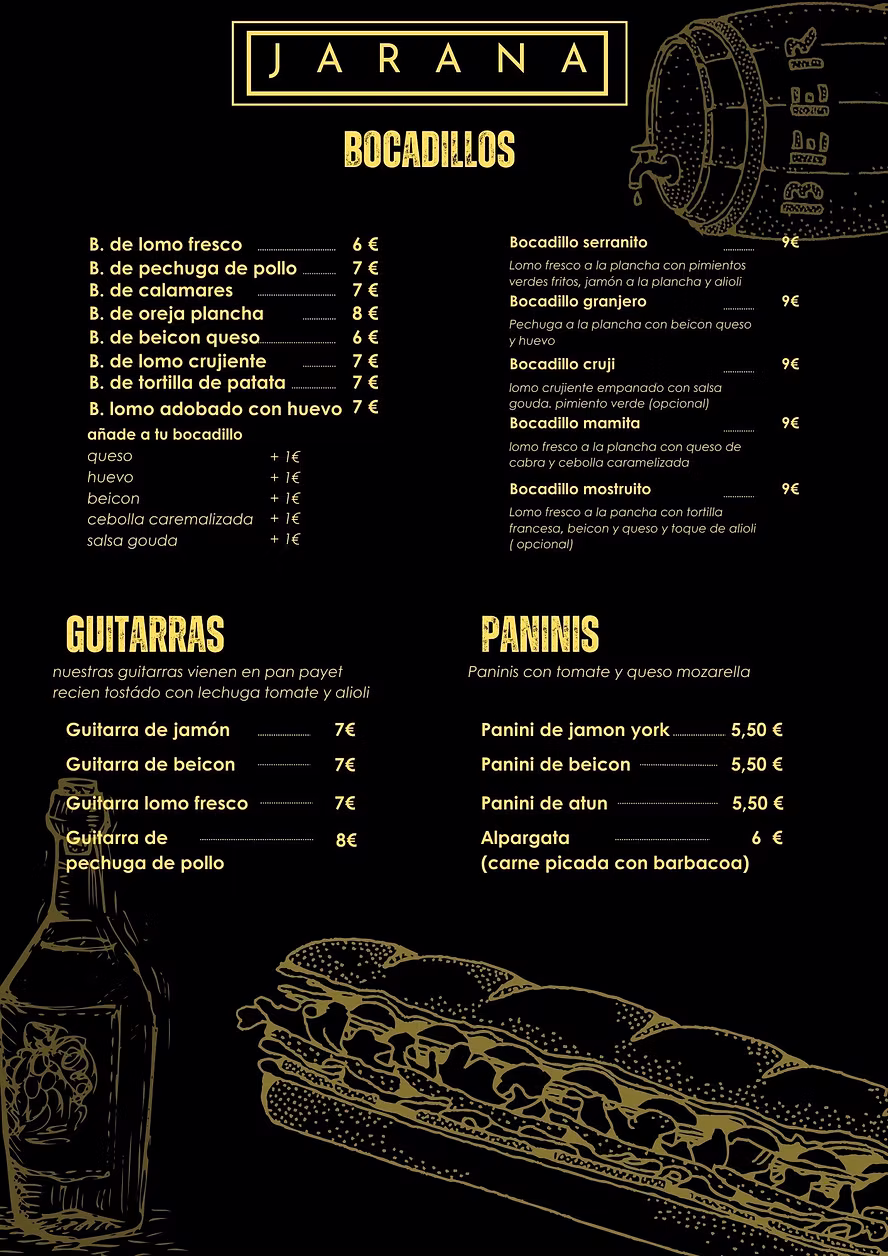 Carta de carnes, huevos, pollo, pescados y otros de La Jarana Bar